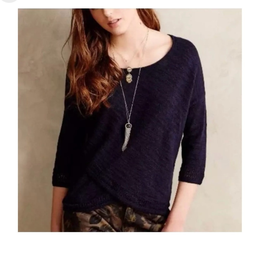 Anthropologie Moth Navy Crossed Pointelle Pullover Sweater